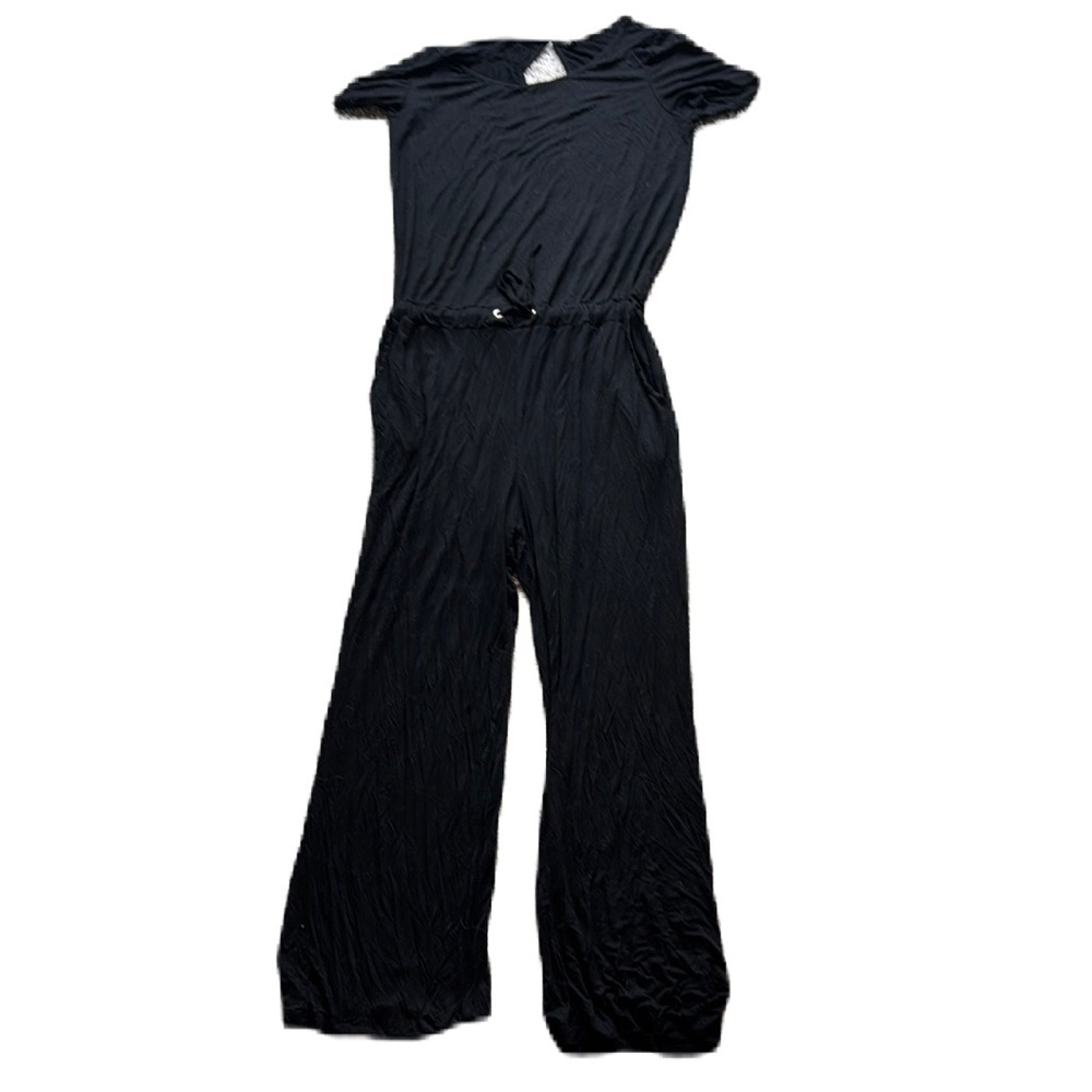 Sullcom Black L short sleeve Jumpsuit with keyhole back and drawstring waist